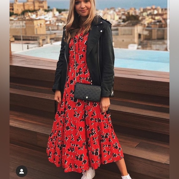 Zara Angel Red Floral Tiered Skirt Long Puff Sleeves Maxi Dress Size S - Picture 3 of 12